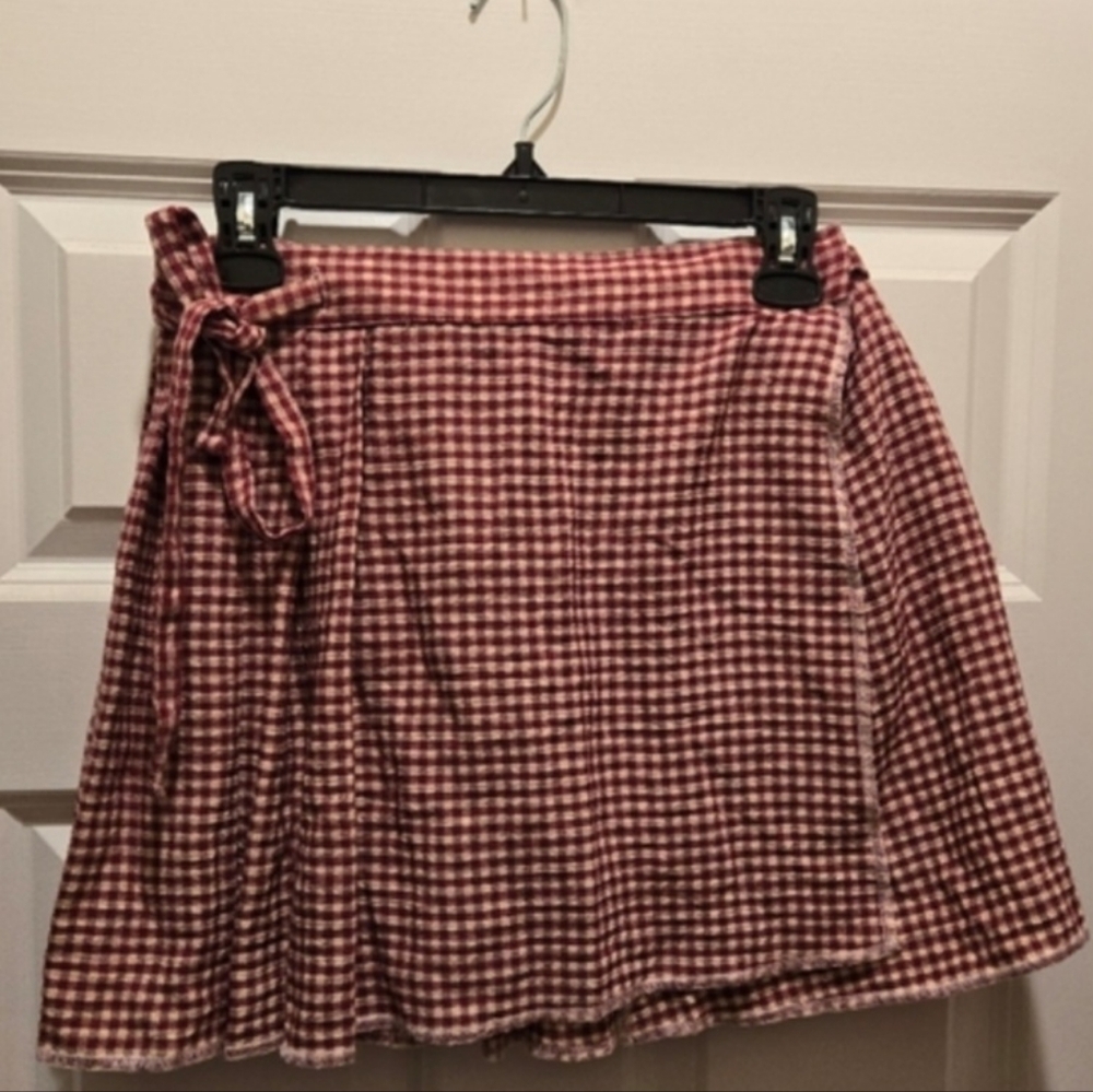 Vintage 90’s ESPRIT Mini Skirt M Gingham Plaid Printed Wrap Tie Bow Pleated Red